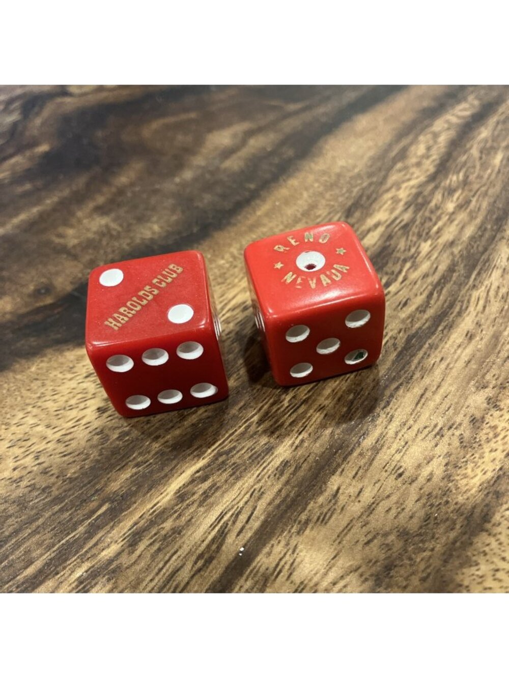 Vintage Red Casino Dice Harolds Club Pair Reno Nevada Drilled Dice